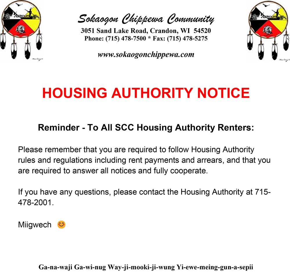 Housing Authority Reminder Sokaogon Chippewa Community